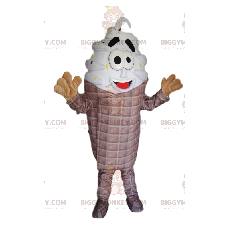 Costume da mascotte sorridente appetitoso cono gelato