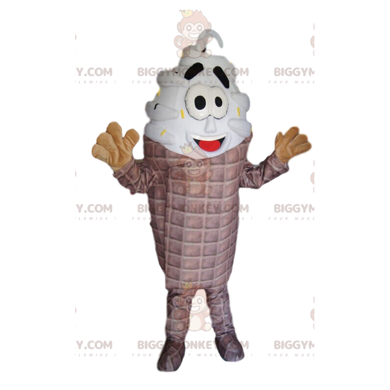 Traje de mascote de casquinha de sorvete apetitosa sorridente