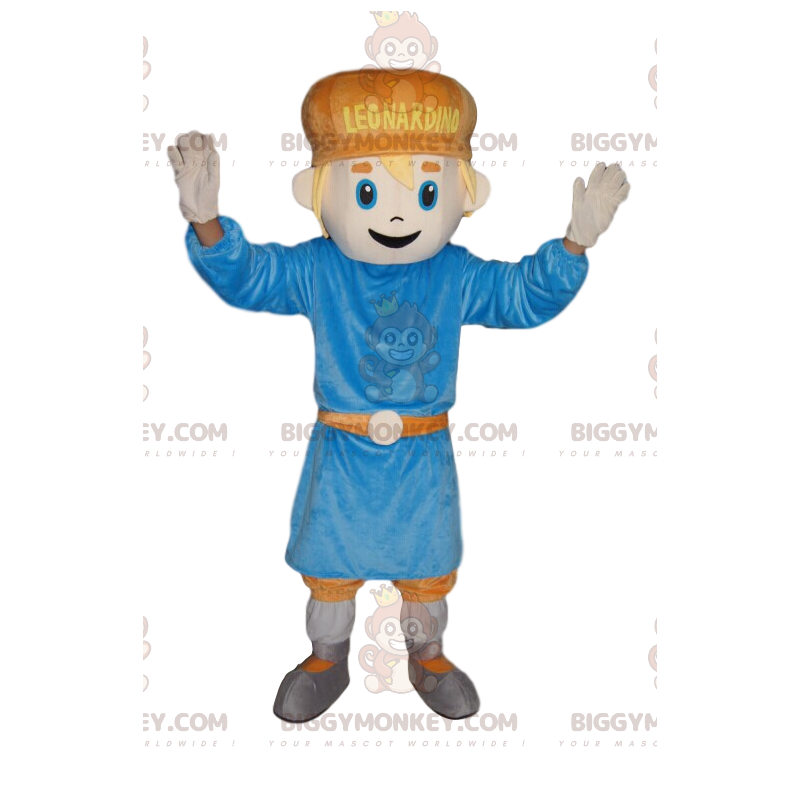 Traje de mascote Little Boy BIGGYMONKEY™ com túnica azul –