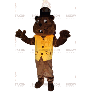 Traje de mascote Beaver BIGGYMONKEY™ com colete amarelo e