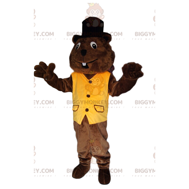 Traje de mascote Beaver BIGGYMONKEY™ com colete amarelo e