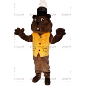 Beaver BIGGYMONKEY™ mascottekostuum met geel vest en zwarte