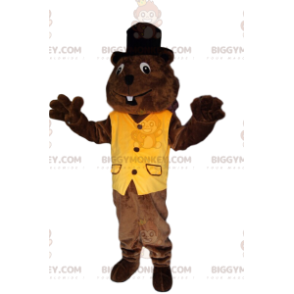 Traje de mascote Beaver BIGGYMONKEY™ com colete amarelo e