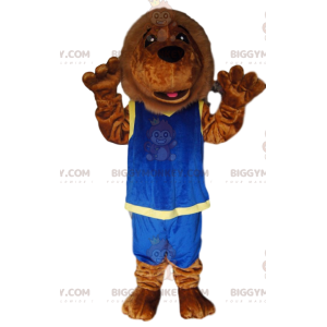 Kostium maskotka brązowy lew BIGGYMONKEY™ z niebieską odzieżą