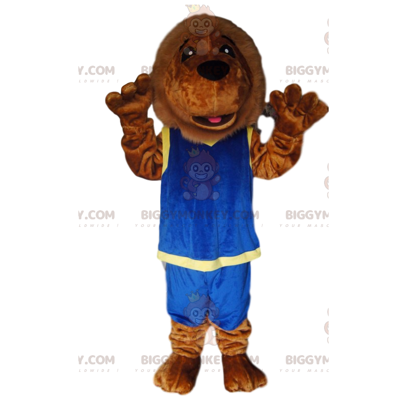 Brunt lejon BIGGYMONKEY™ maskotdräkt med blåa sportkläder -