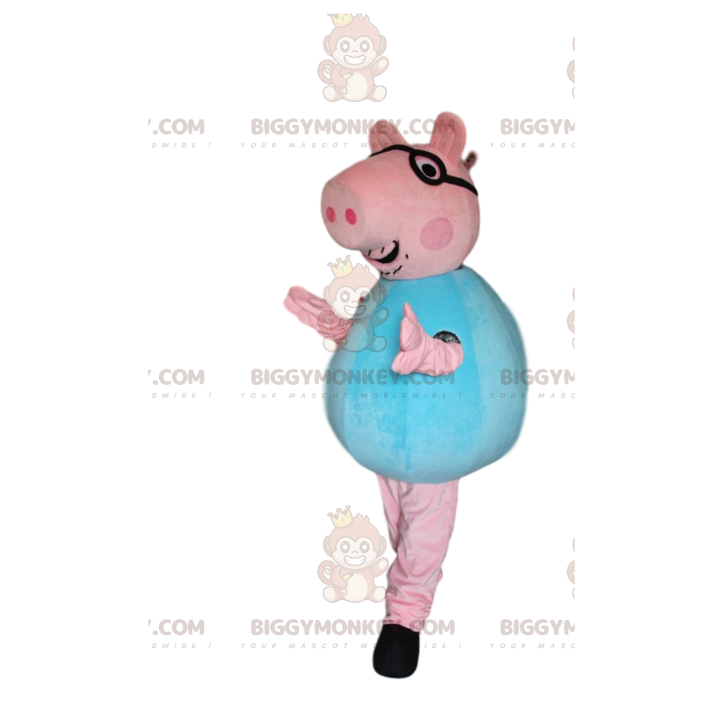 BIGGYMONKEY™ Pink Pig Mascot Costume With Glasses And Blue