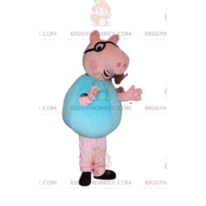 BIGGYMONKEY™ Pink Pig Mascot Costume With Glasses And Blue