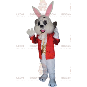 Vit kanin BIGGYMONKEY™ maskotdräkt med röd jacka och guldväst -