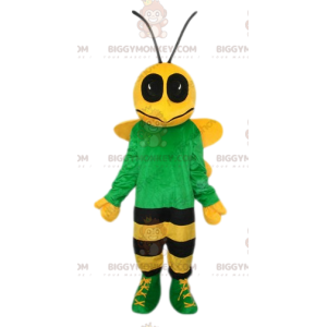 Gult och svart bi BIGGYMONKEY™ maskotdräkt med grön tröja -