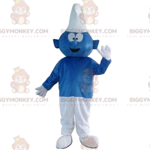 Disfraz de mascota Pitufo azul y blanco muy entusiasta