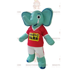 Blauwe olifant BIGGYMONKEY™ mascottekostuum met rood T-shirt en