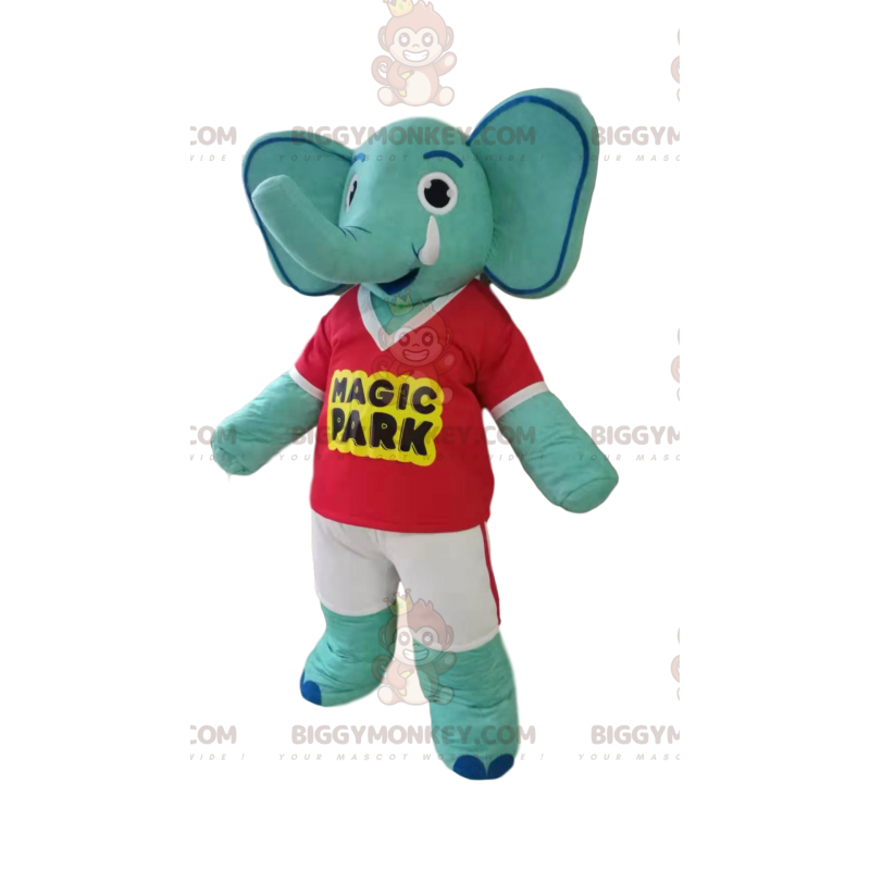 Blauwe olifant BIGGYMONKEY™ mascottekostuum met rood T-shirt en