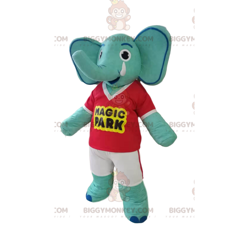 Blue Elephant BIGGYMONKEY™ Mascot Costume with Red T-Shirt and