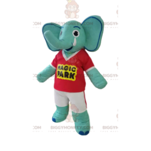 Blauwe olifant BIGGYMONKEY™ mascottekostuum met rood T-shirt en