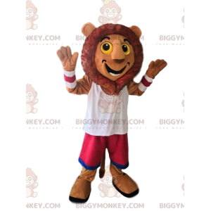 Meget glad løve BIGGYMONKEY™ maskotkostume med fuchsia shorts -