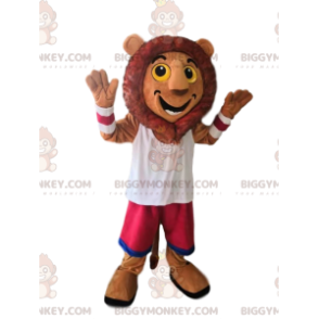 Kostým maskota Very Happy Lion BIGGYMONKEY™ s fuchsiovými