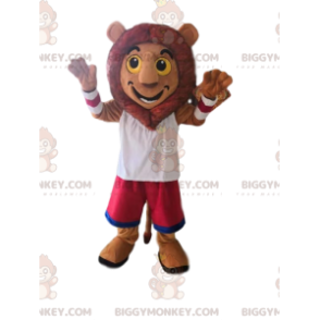 Traje de mascote BIGGYMONKEY™ de leão muito feliz com shorts