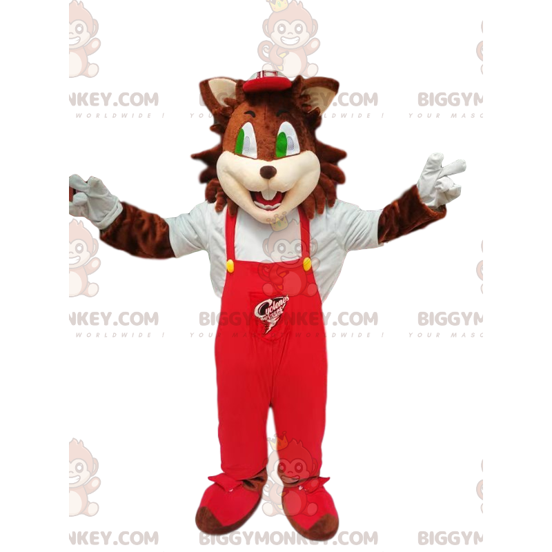 Bruine kat BIGGYMONKEY™ mascottekostuum met rode overall -