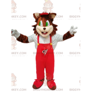 Brown Cat BIGGYMONKEY™ Mascot Costume With Red Overalls -