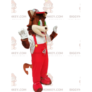 Bruine kat BIGGYMONKEY™ mascottekostuum met rode overall -
