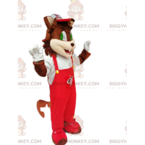 Costume da mascotte gatto marrone BIGGYMONKEY™ con tuta rossa -