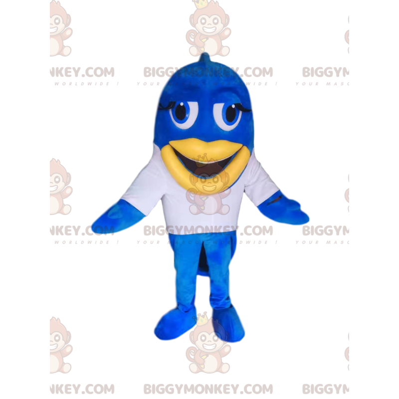 Blue Fish BIGGYMONKEY™ Mascot Costume with White Jersey and