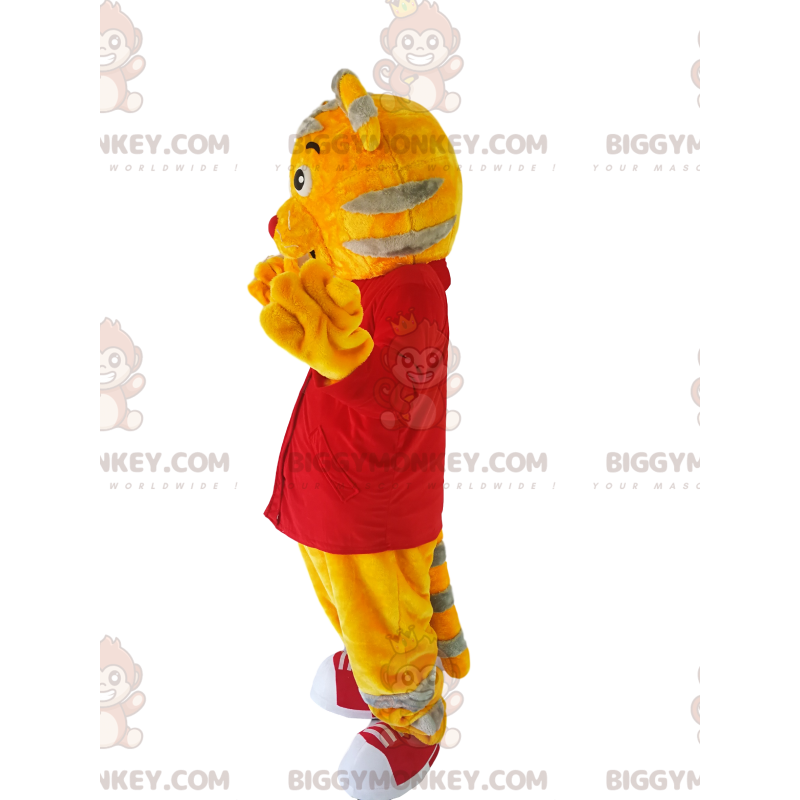 BIGGYMONKEY™ Maskottchen-Kostüm Gelber Tigger mit rotem Hemd -