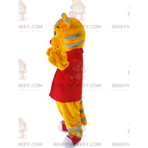 BIGGYMONKEY™ Maskottchen-Kostüm Gelber Tigger mit rotem Hemd -