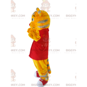 BIGGYMONKEY™ maskottiasu keltainen tiikeri punaisella paidalla