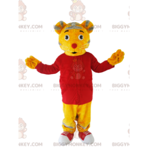 BIGGYMONKEY™ Μασκότ Κοστούμι Κίτρινη Τίγρη με κόκκινη φανέλα -