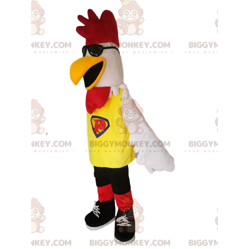 Traje de mascote de frango branco BIGGYMONKEY™ com óculos de