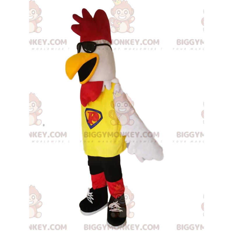 Vit kyckling BIGGYMONKEY™ maskotdräkt med solglasögon -