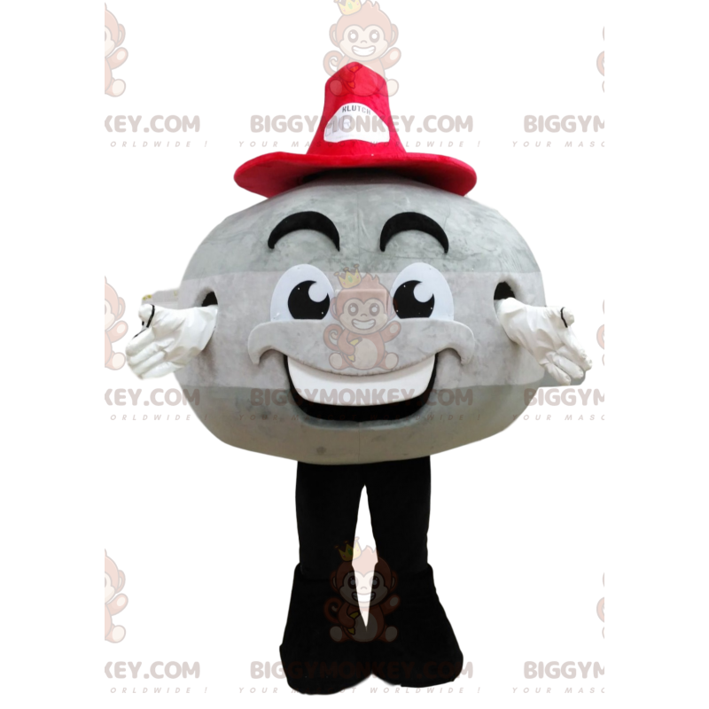 BIGGYMONKEY™ maskotdräkt, rund grå snögubbe med röd hatt -