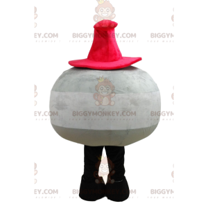 BIGGYMONKEY™ maskotkostume rund grå snemand med rød hat -