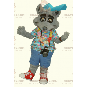 BIGGYMONKEY™ Mascot Costume Gray Raccoon In Holiday Outfit -