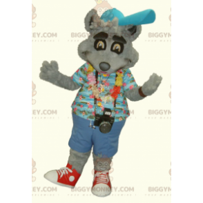 Costume de mascotte BIGGYMONKEY™ de raton laveur gris en tenue