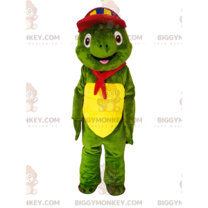 Grön sköldpadda BIGGYMONKEY™ maskotdräkt med flerfärgad keps
