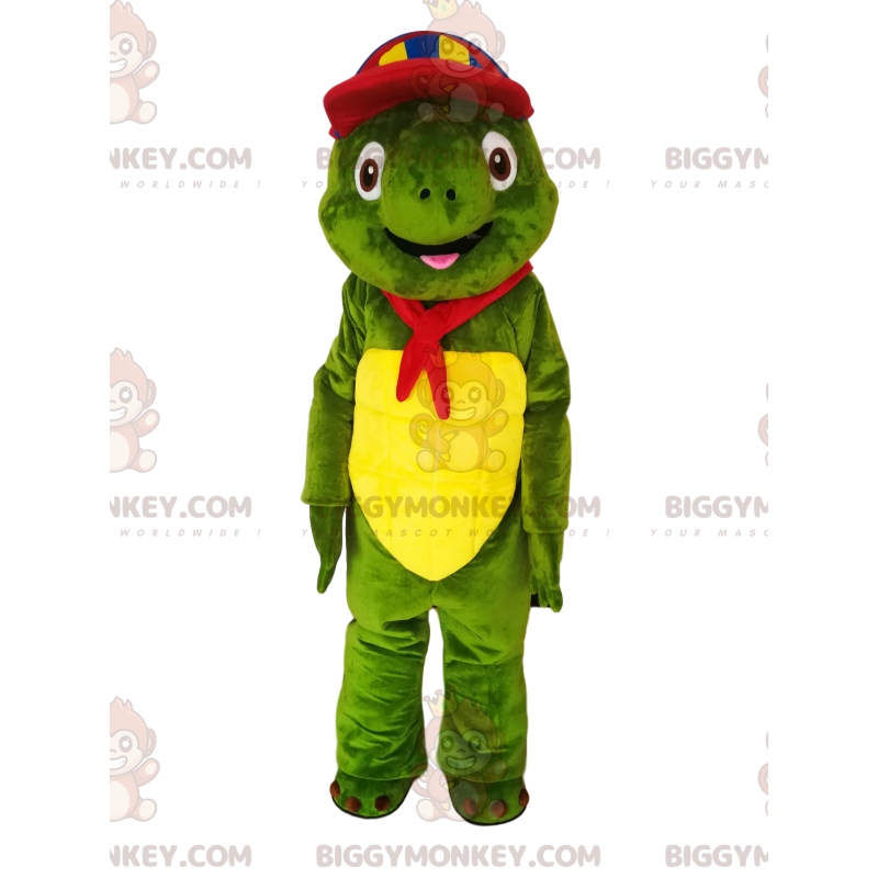 Στολή μασκότ πράσινης χελώνας BIGGYMONKEY™ με πολύχρωμο καπάκι