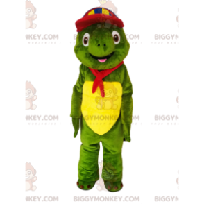 Green Turtle BIGGYMONKEY™ Mascot Costume with Multicolor Cap