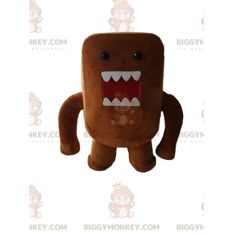 Fantasia de mascote de monstro marrom com dentes grandes