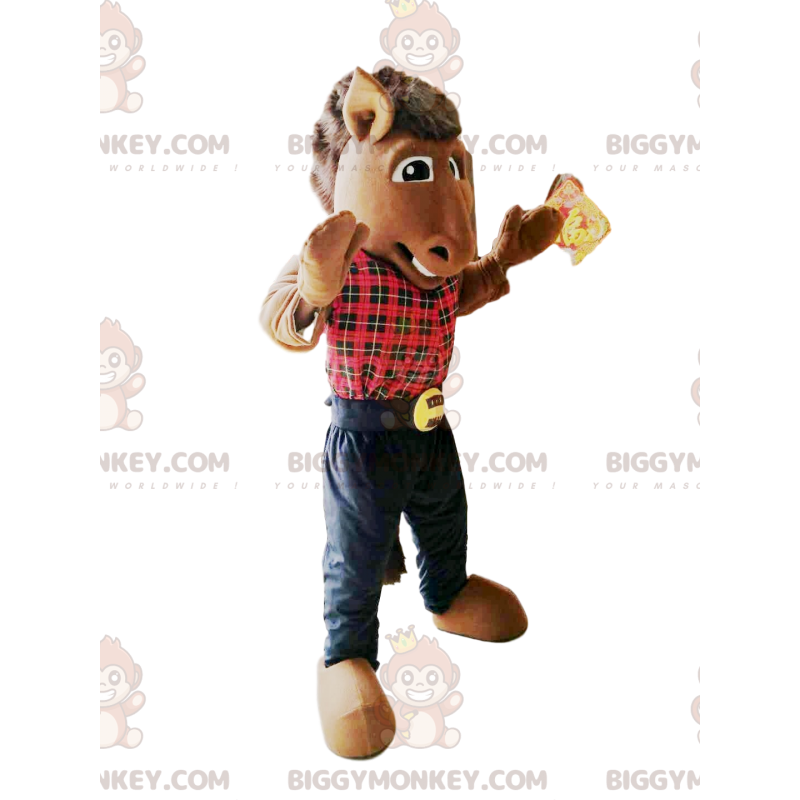 Fantasia de mascote de cavalo BIGGYMONKEY™ com camisa xadrez