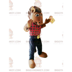 Horse BIGGYMONKEY™ Mascot Costume with Red Plaid Shirt –