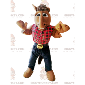 Horse BIGGYMONKEY™ Mascot Costume with Red Plaid Shirt -