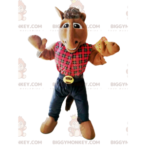 Horse BIGGYMONKEY™ Mascot Costume with Red Plaid Shirt –