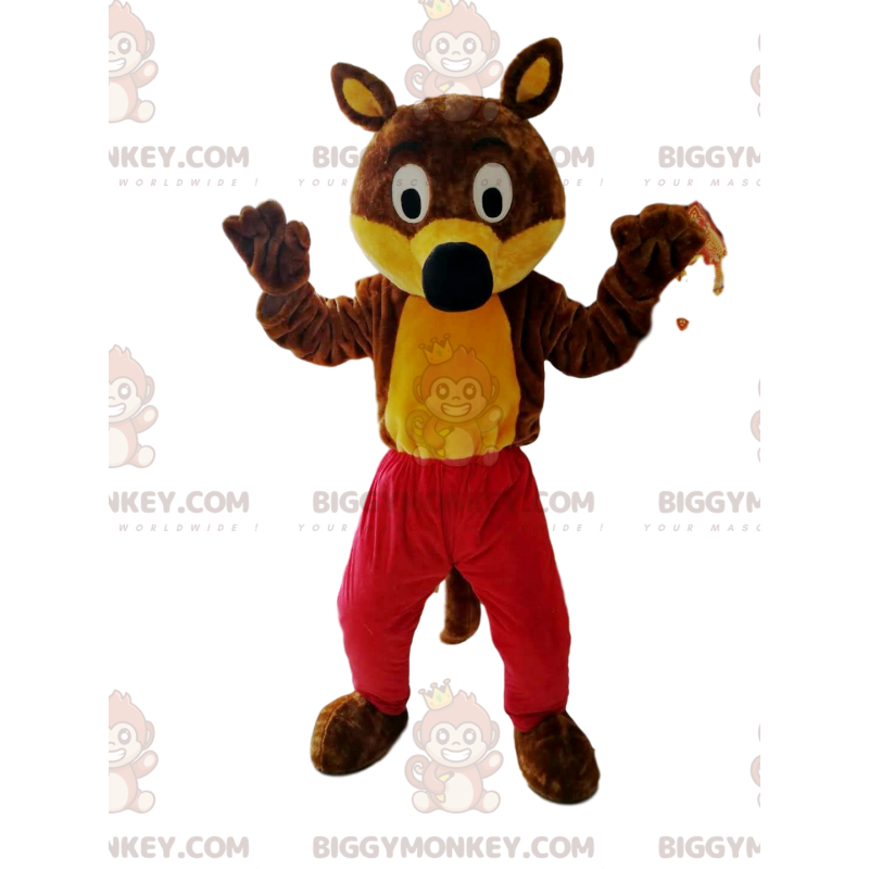 Grappige bruine en gele wolf BIGGYMONKEY™ mascottekostuum met