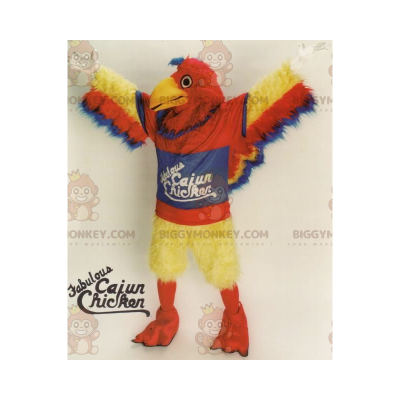 Costume de mascotte BIGGYMONKEY™ d'oiseau rouge jaune et bleu