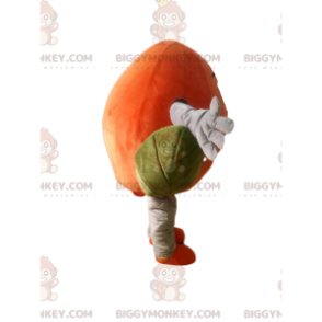 Orange persika BIGGYMONKEY™ maskotdräkt med vackra gröna blad -