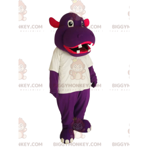 Purple hippo BIGGYMONKEY™ mascot costume with white t-shirt –