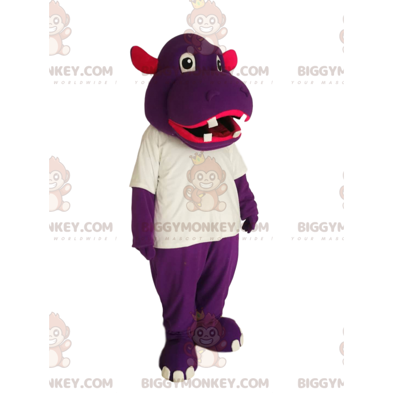 Purple hippo BIGGYMONKEY™ mascot costume with white t-shirt –