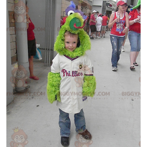 Costume da mascotte carino e tutto peloso uccello verde